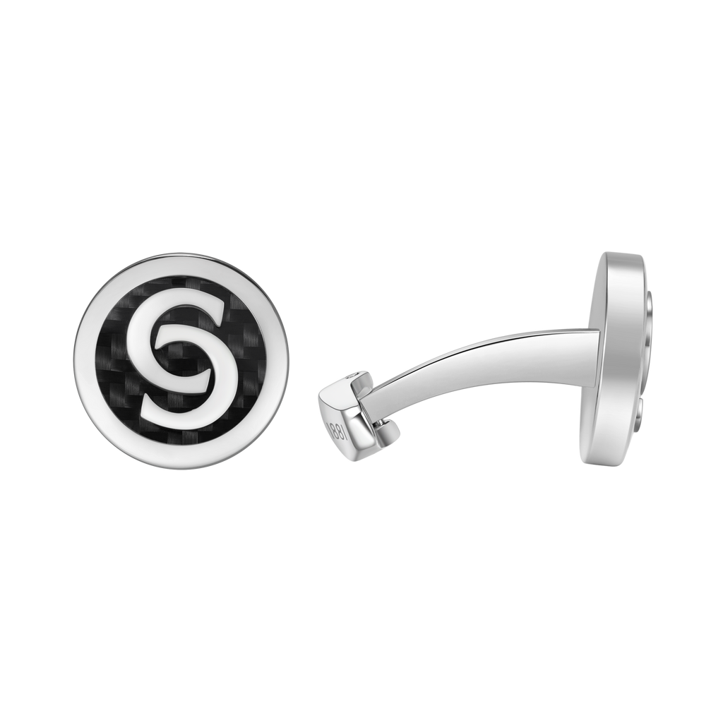 Cerruti 1881 Orlando men’s round stainless steel cufflinks with black carbon fiber and C logo