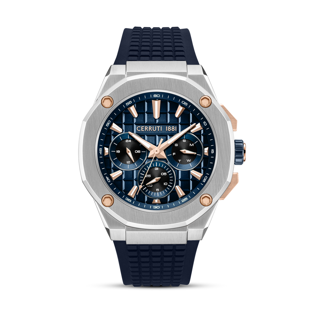 Cerruti 1881 Razzuolo men's watch with textured blue dial, stainless steel case, rose gold-tone accents and blue silicone strap