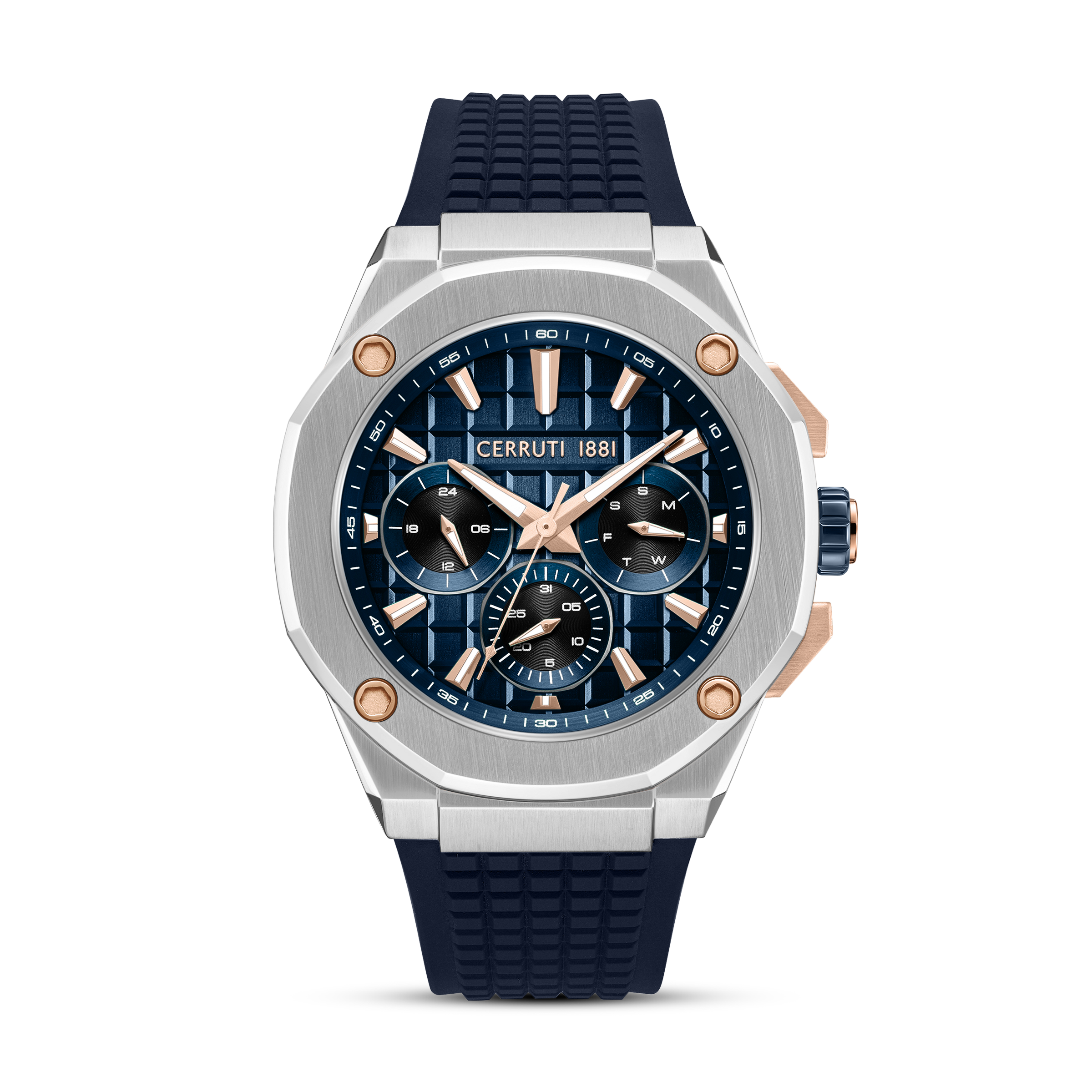 Cerruti 1881 Razzuolo men's watch with textured blue dial, stainless steel case, rose gold-tone accents and blue silicone strap