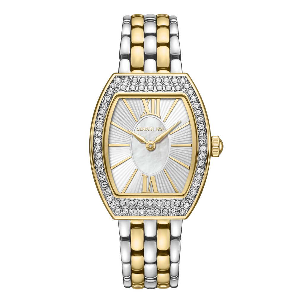 Cerruti 1881 women’s watch with white mother-of-pearl dial, crystal-set case and two-tone bracelet
