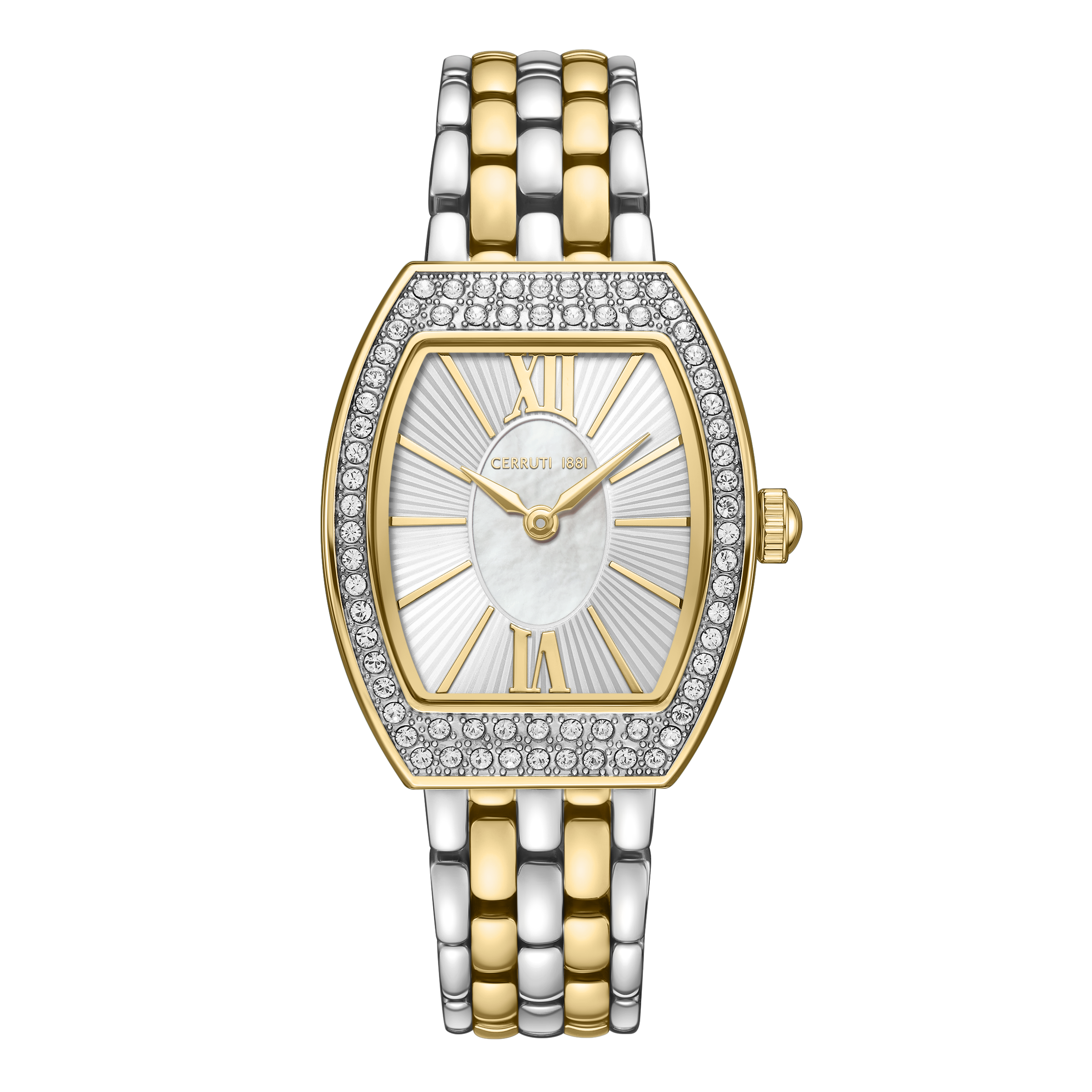 Cerruti 1881 women’s watch with white mother-of-pearl dial, crystal-set case and two-tone bracelet