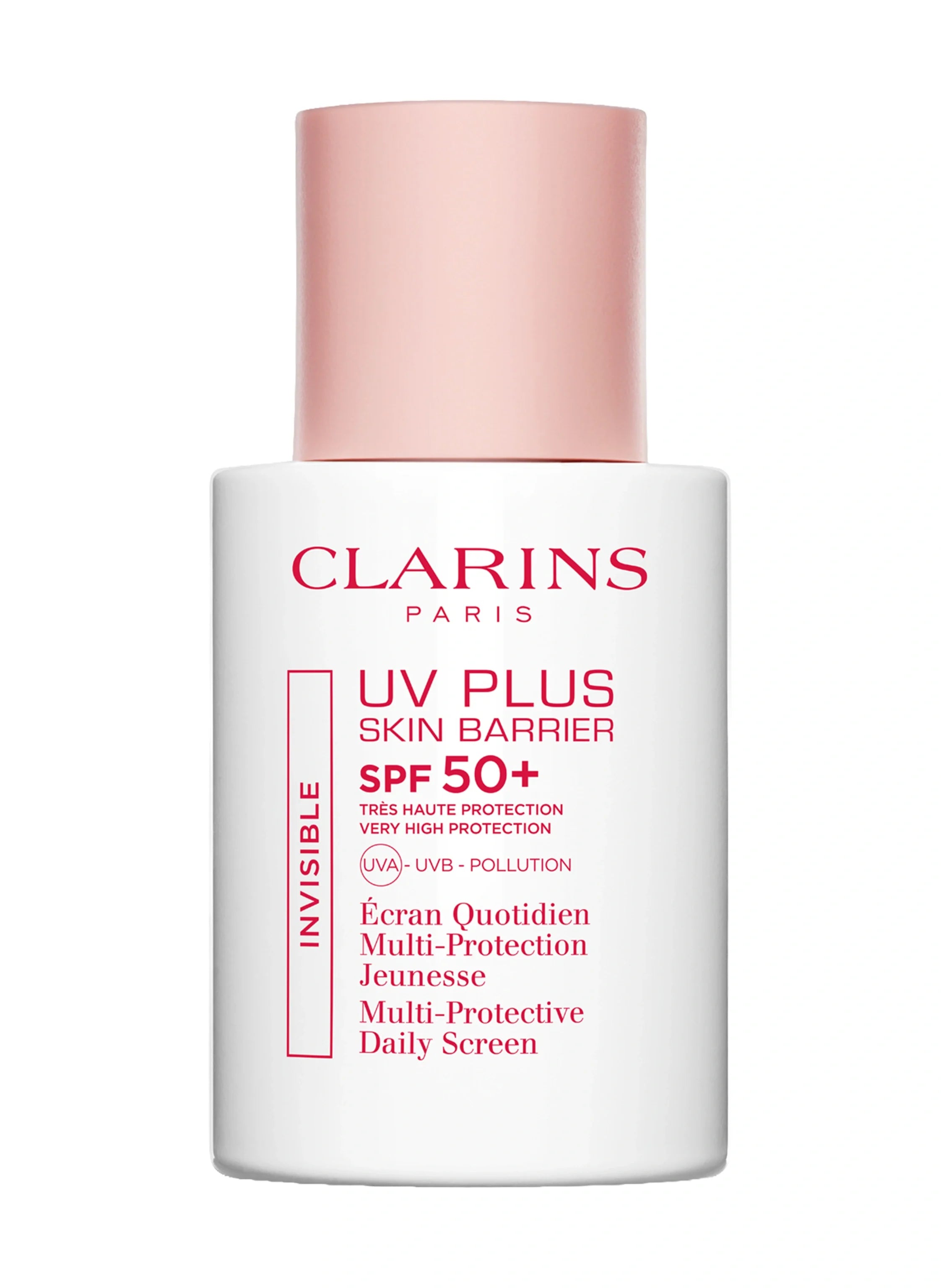 Clarins UV Plus Skin Barrier SPF 50+ Invisible 30ml lightweight daily sunscreen with UVA UVB protection Available for Online Purchase at Paris Gallery Qatar