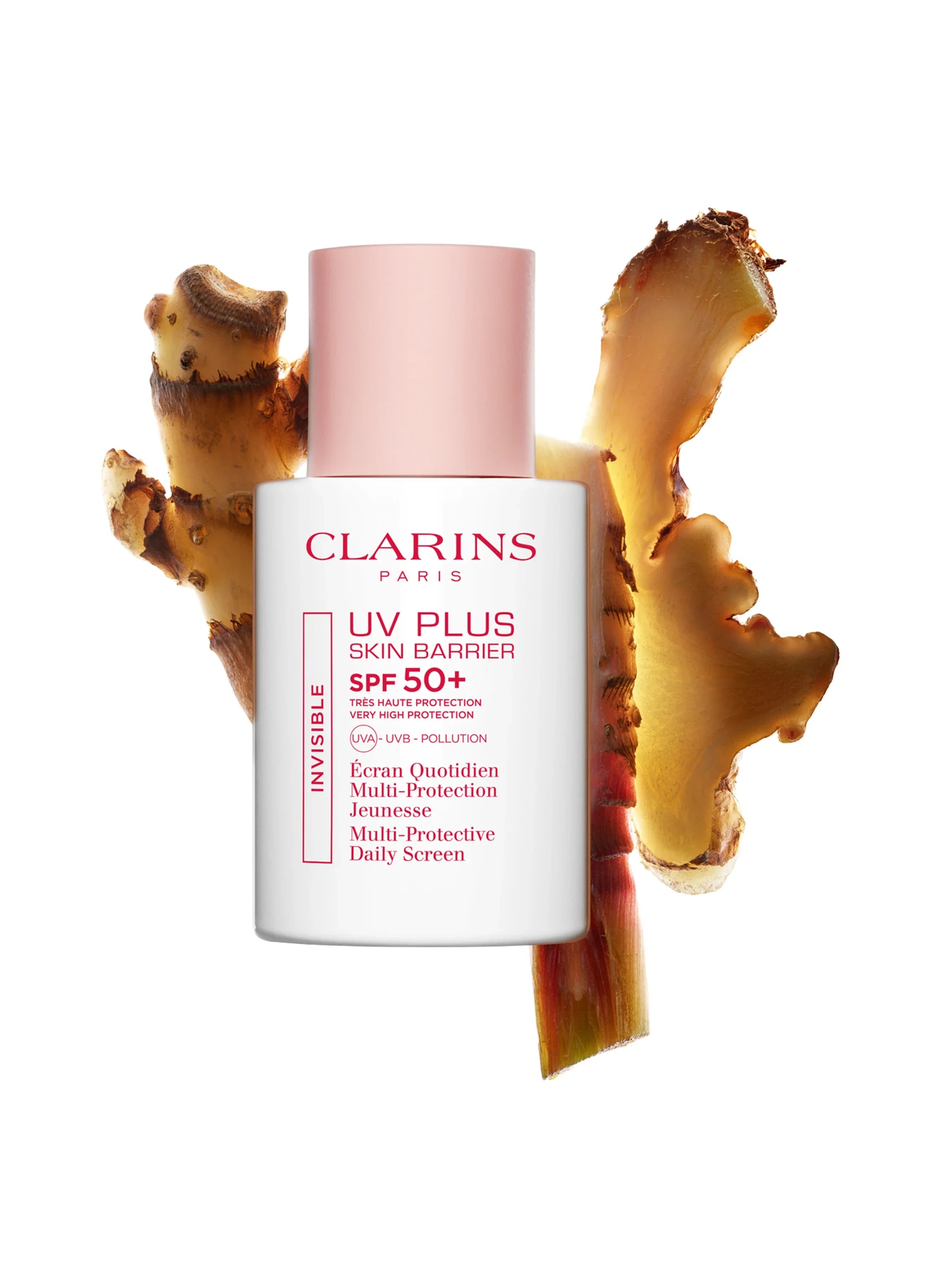 Clarins UV Plus Skin Barrier SPF 50+ Invisible 30ml lightweight daily sunscreen with UVA UVB protection Available for Online Purchase at Paris Gallery Qatar
