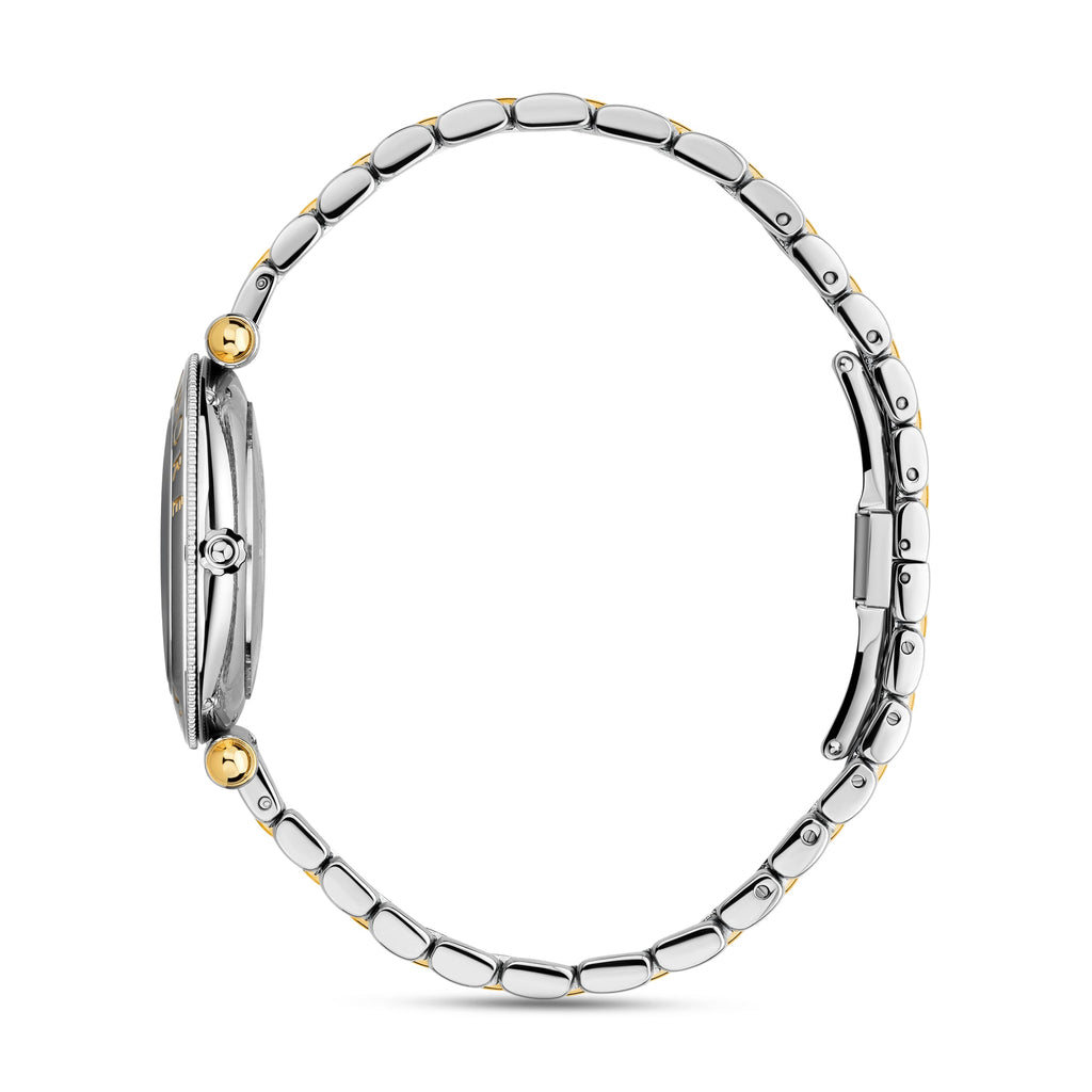 Side view demonstrating the ultra-slim 34mm case profile, the polished midcase wall, and the continuous uniform link pattern of the two-tone bracelet band.