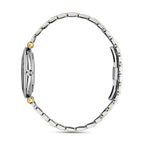 Side view demonstrating the ultra-slim 34mm case profile, the polished midcase wall, and the continuous uniform link pattern of the two-tone bracelet band.