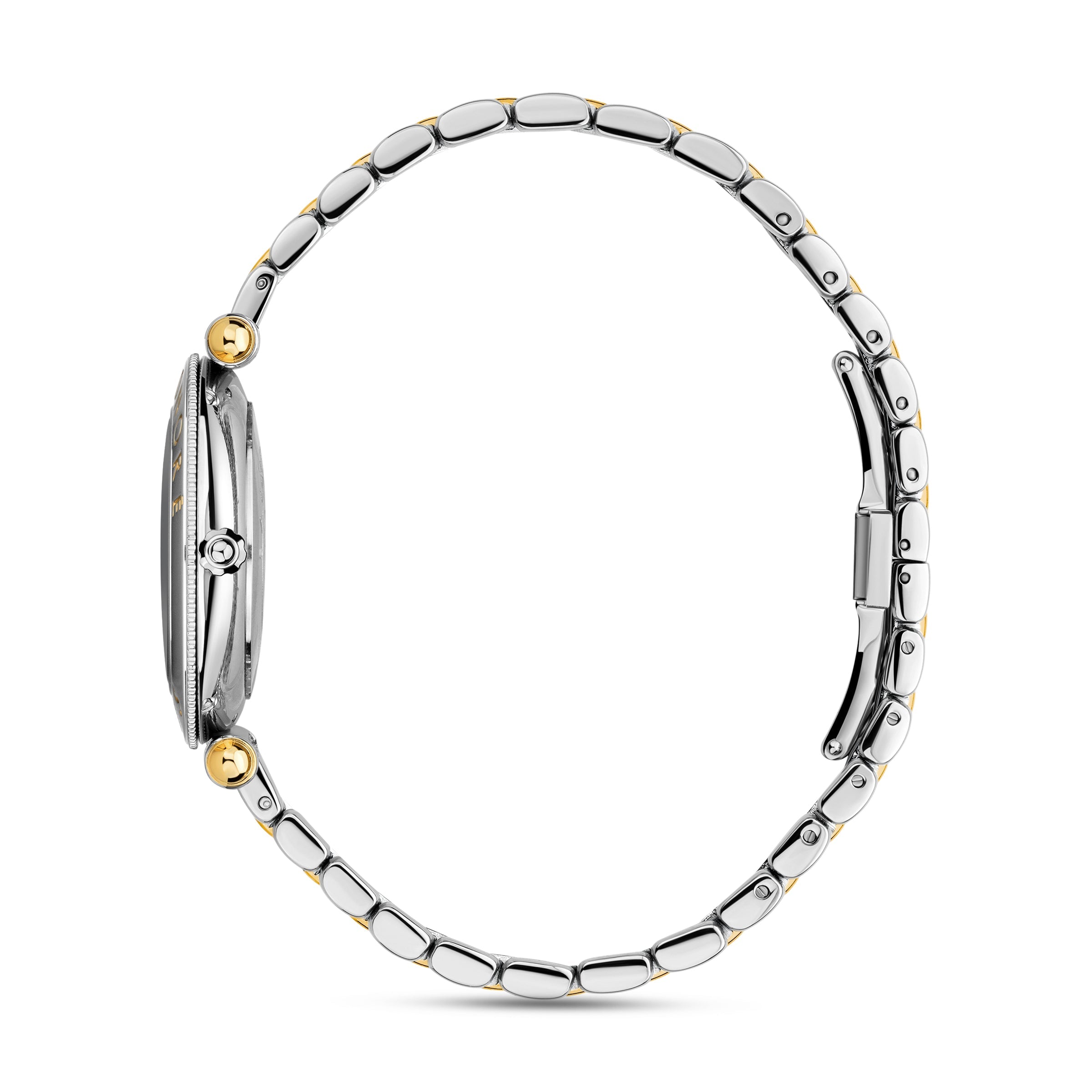 Side view demonstrating the ultra-slim 34mm case profile, the polished midcase wall, and the continuous uniform link pattern of the two-tone bracelet band.