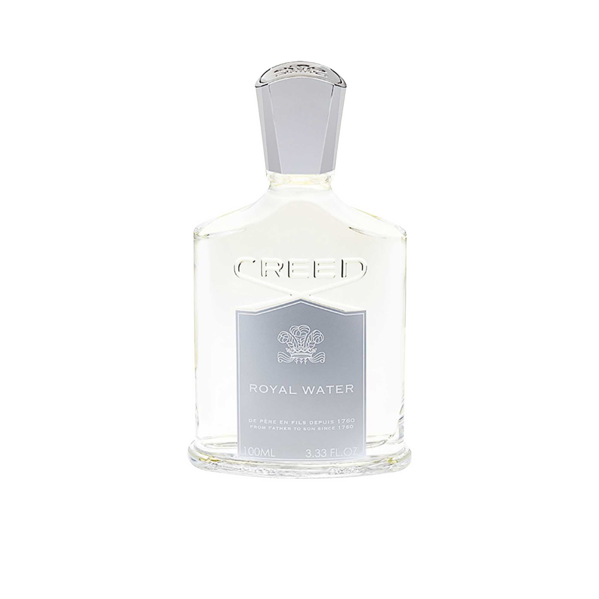 Clear glass Creed Royal Water perfume bottle with a grey label and a silver-toned faceted cap