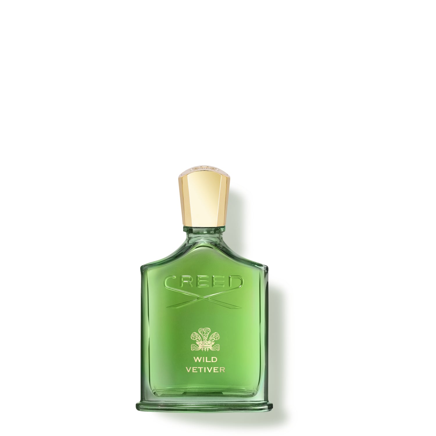 A translucent green glass bottle of Creed Wild Vetiver perfume with a gold cap, featuring the embossed Creed logo and gold lettering against a white background. Main image
