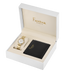 A high-angle studio shot of the Freelook Paris luxury 2-piece gift set inside an opened white presentation box, showcasing the gold-plated link bracelet watch on a cushion and the black pebbled leather wallet stamped with the gold Freelook logo.