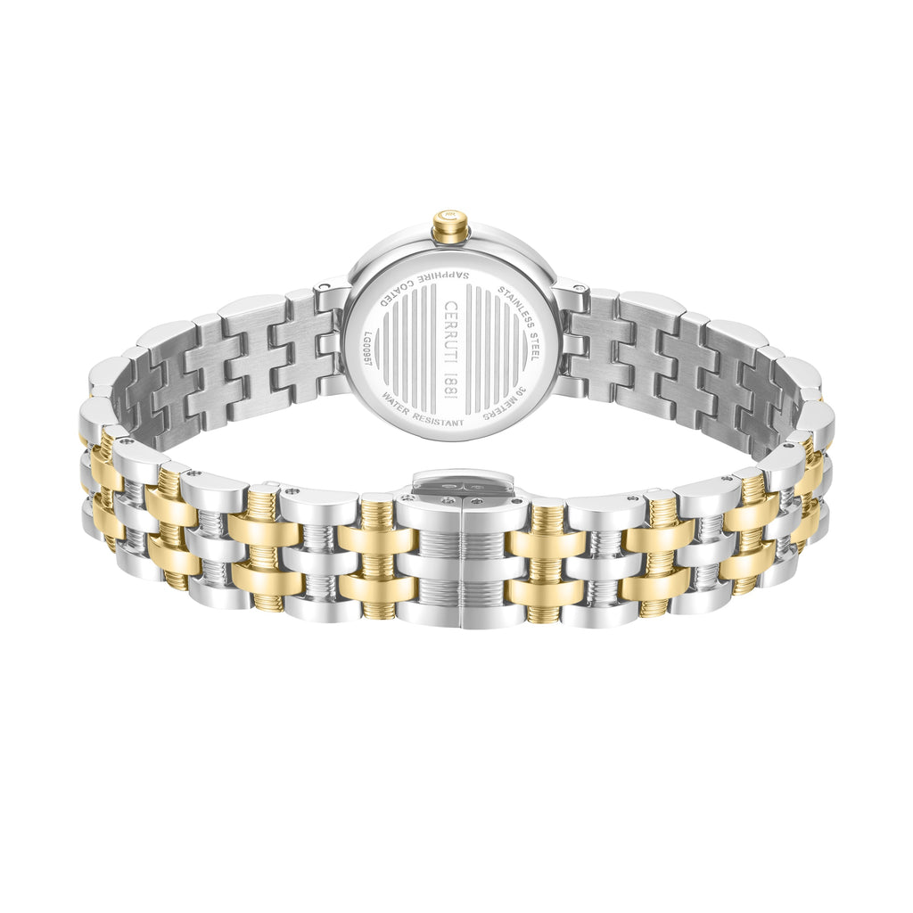 Focused product view of the hidden butterfly push-button deployment clasp mechanism integrated into the two-tone steel bracelet.