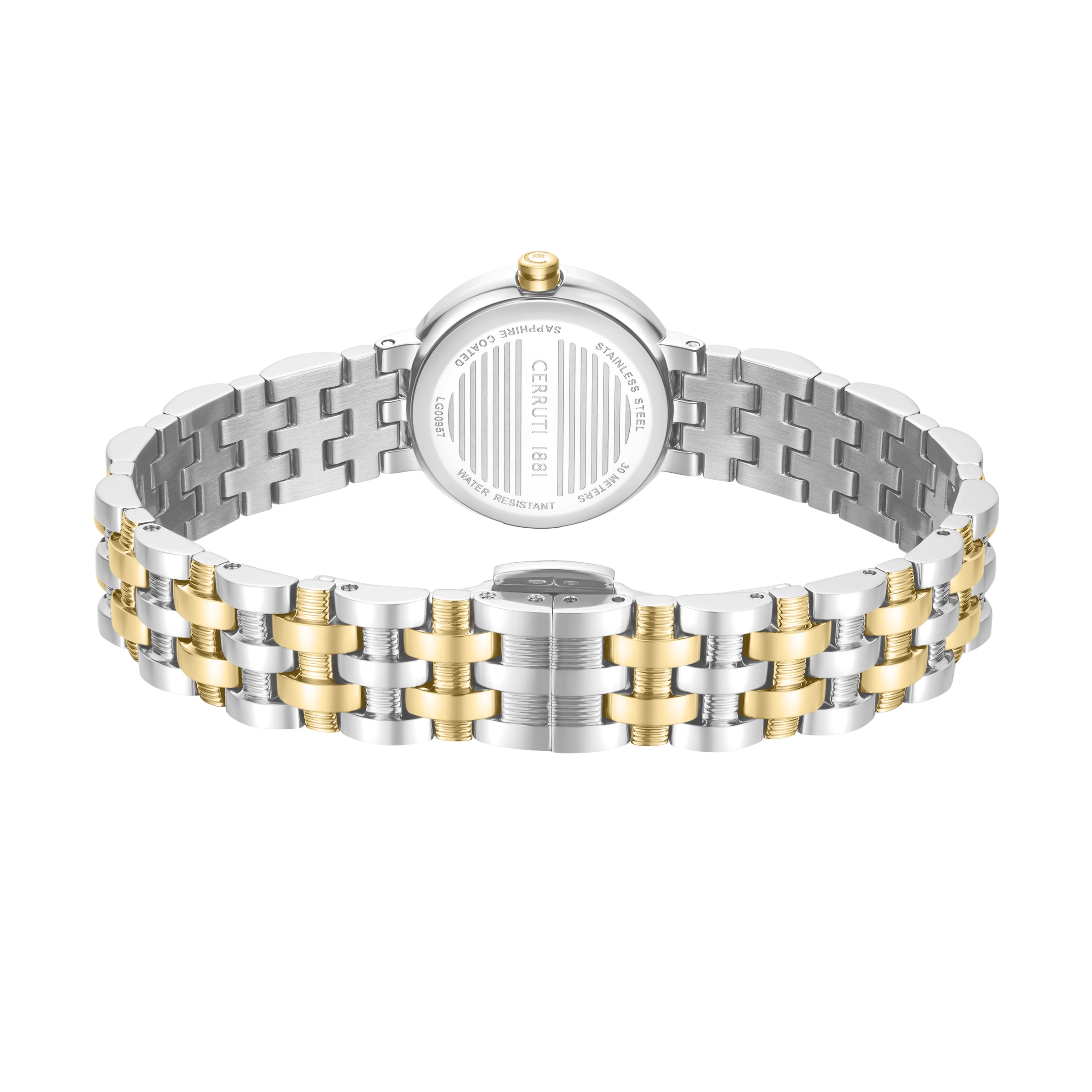 Focused product view of the hidden butterfly push-button deployment clasp mechanism integrated into the two-tone steel bracelet.