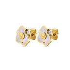 Pair of gold-toned stud earrings with a three-petal flower design, featuring iridescent white mother-of-pearl petals and a ce