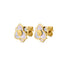Pair of gold-toned stud earrings with a three-petal flower design, featuring iridescent white mother-of-pearl petals and a ce