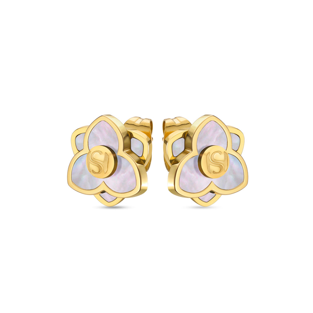 Pair of gold-toned stud earrings, each a three-petal flower with iridescent mother-of-pearl inlay and a central gold-toned 'S