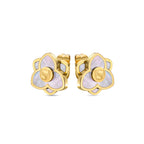 Pair of gold-toned stud earrings, each a three-petal flower with iridescent mother-of-pearl inlay and a central gold-toned 'S