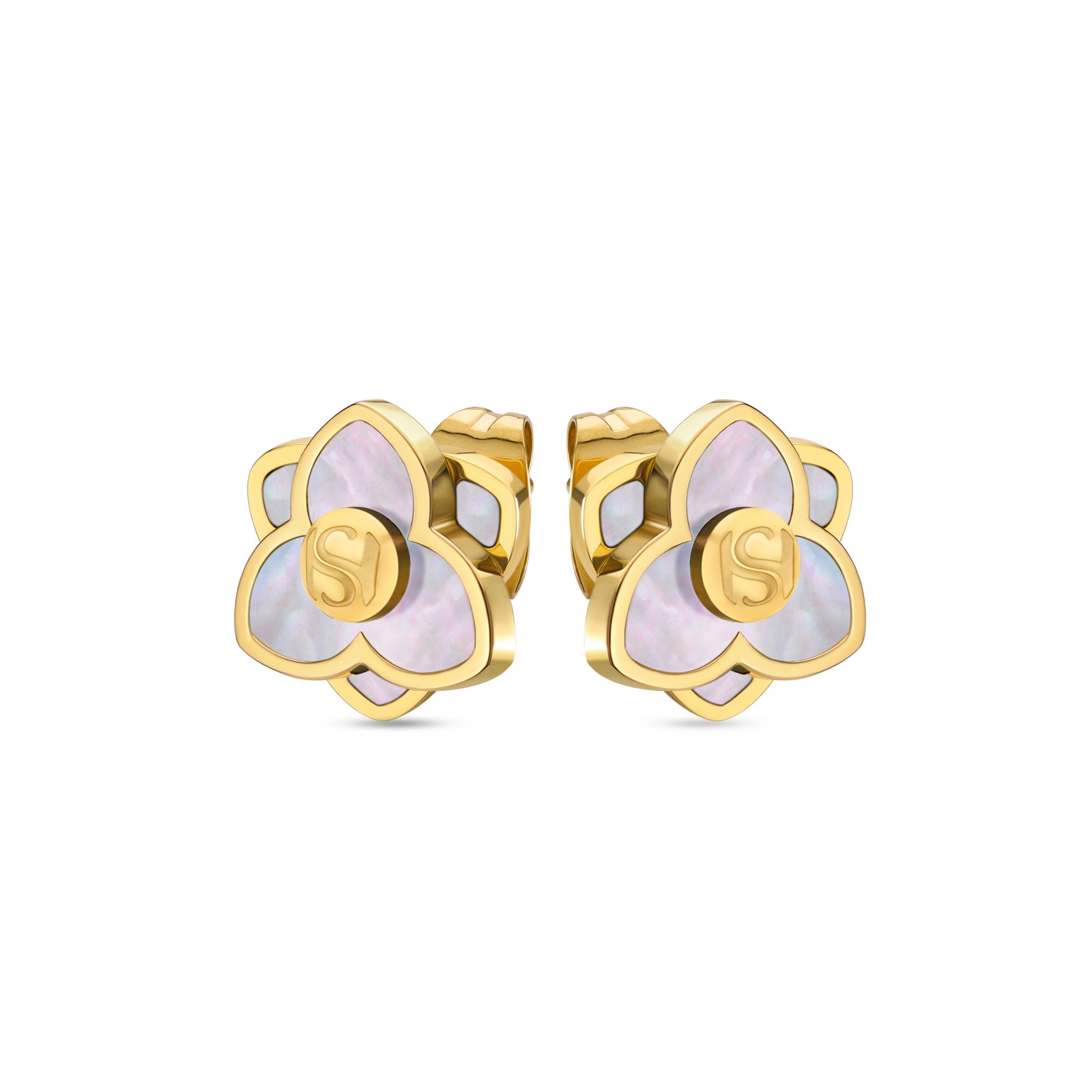 Pair of gold-toned stud earrings, each a three-petal flower with iridescent mother-of-pearl inlay and a central gold-toned 'S