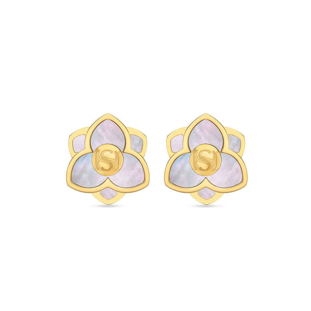 Pair of gold-toned flower stud earrings with three iridescent mother-of-pearl petals and a central gold-toned 'S' initial.