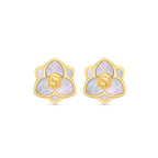 Pair of gold-toned flower stud earrings with three iridescent mother-of-pearl petals and a central gold-toned 'S' initial.