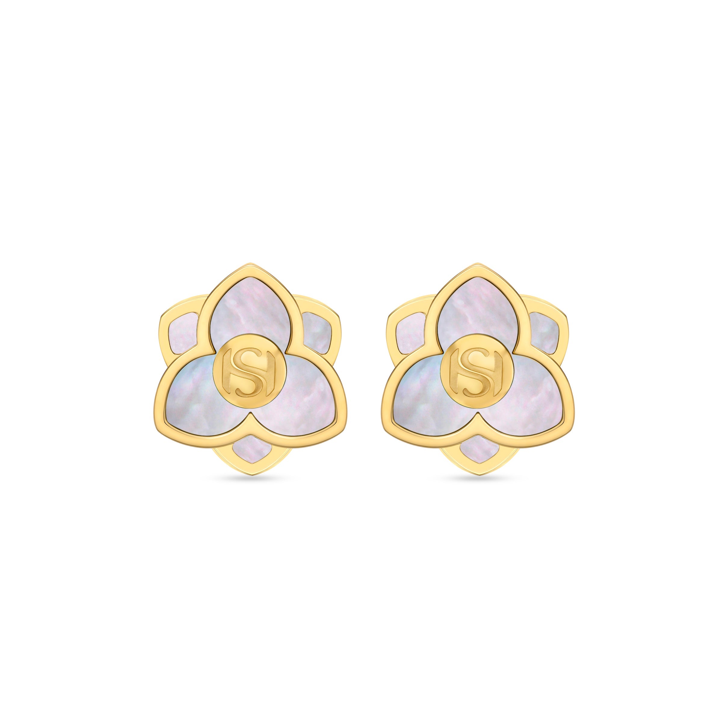 Pair of gold-toned flower stud earrings with three iridescent mother-of-pearl petals and a central gold-toned 'S' initial.