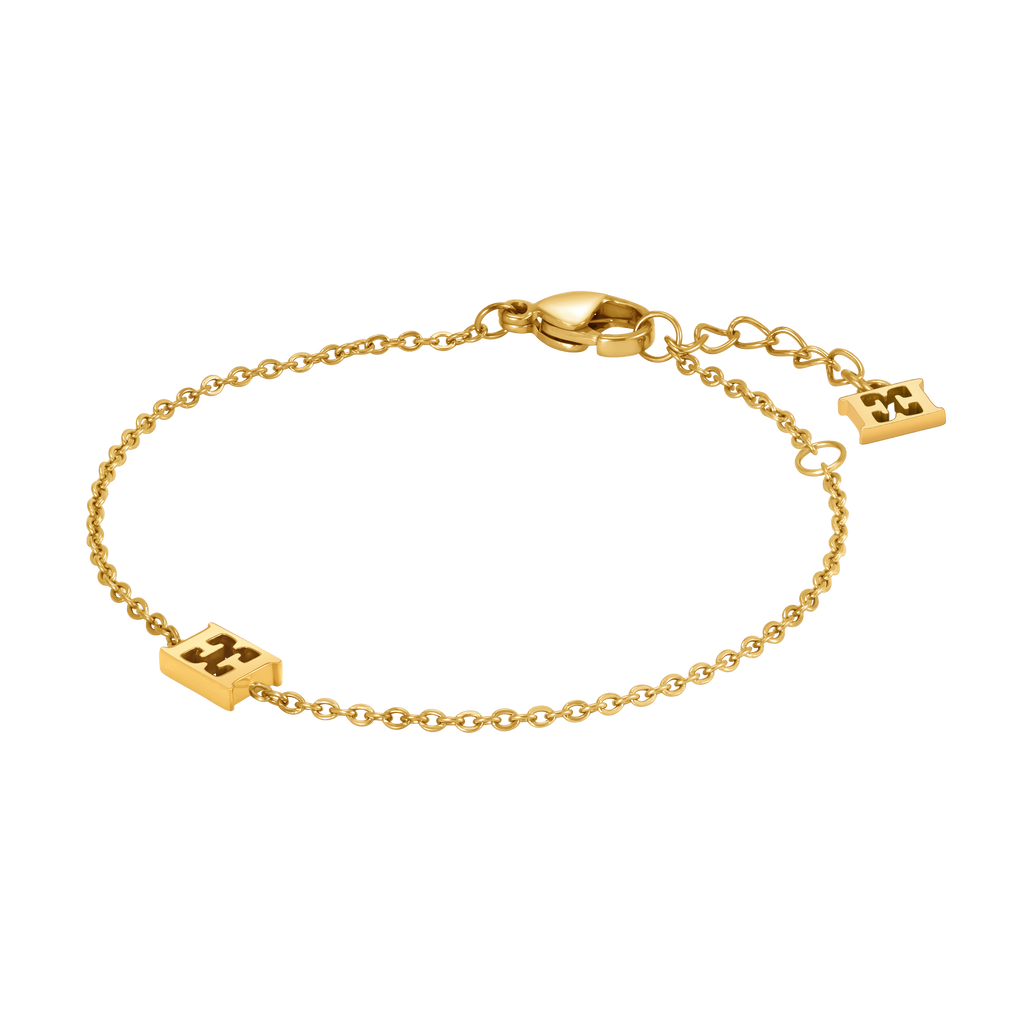 Gold-toned chain bracelet with two rectangular charms featuring an 'E' motif, lobster clasp, and extender chain.