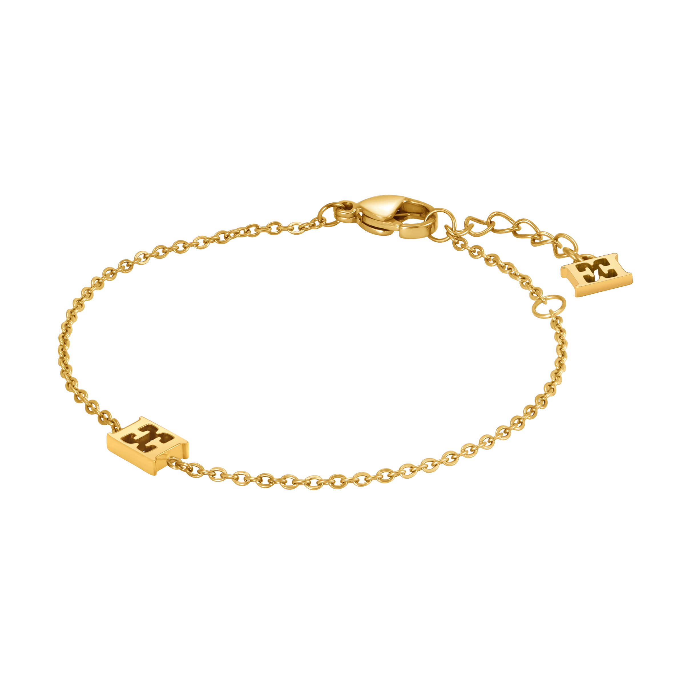 Gold-toned chain bracelet with two rectangular charms featuring an 'E' motif, lobster clasp, and extender chain.