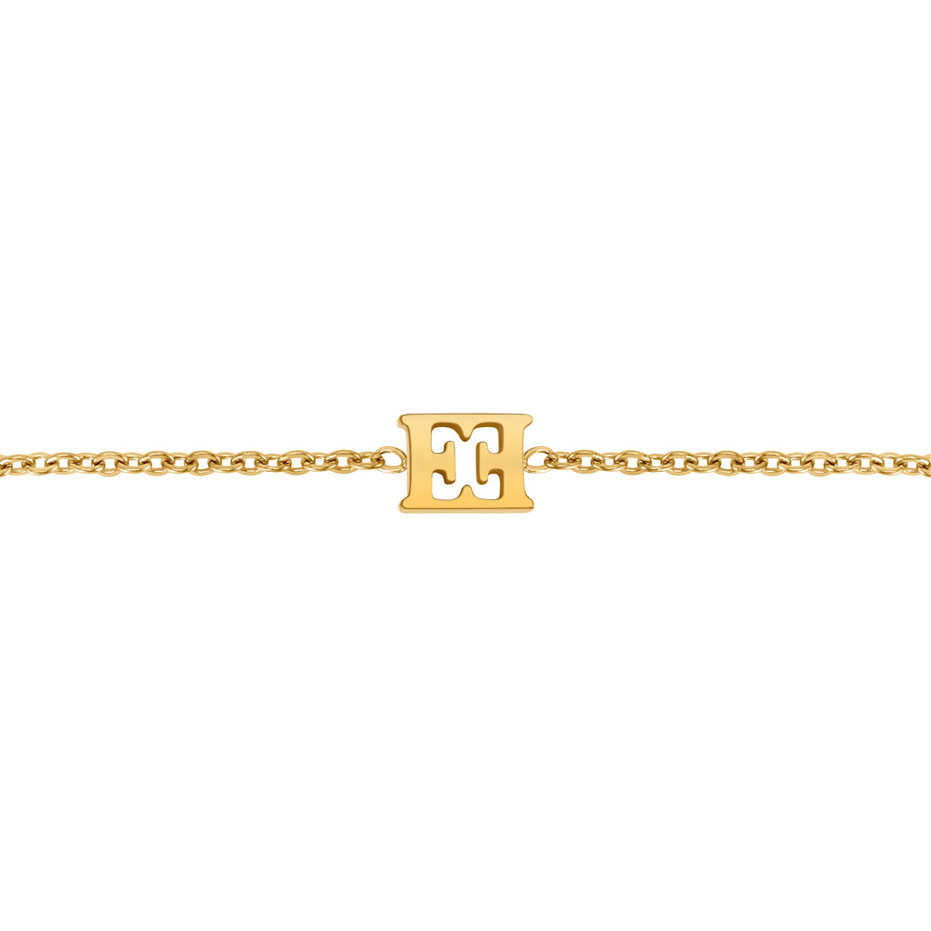 Gold-toned chain bracelet with a rectangular charm featuring a stylized 'EE' cutout design in the center.