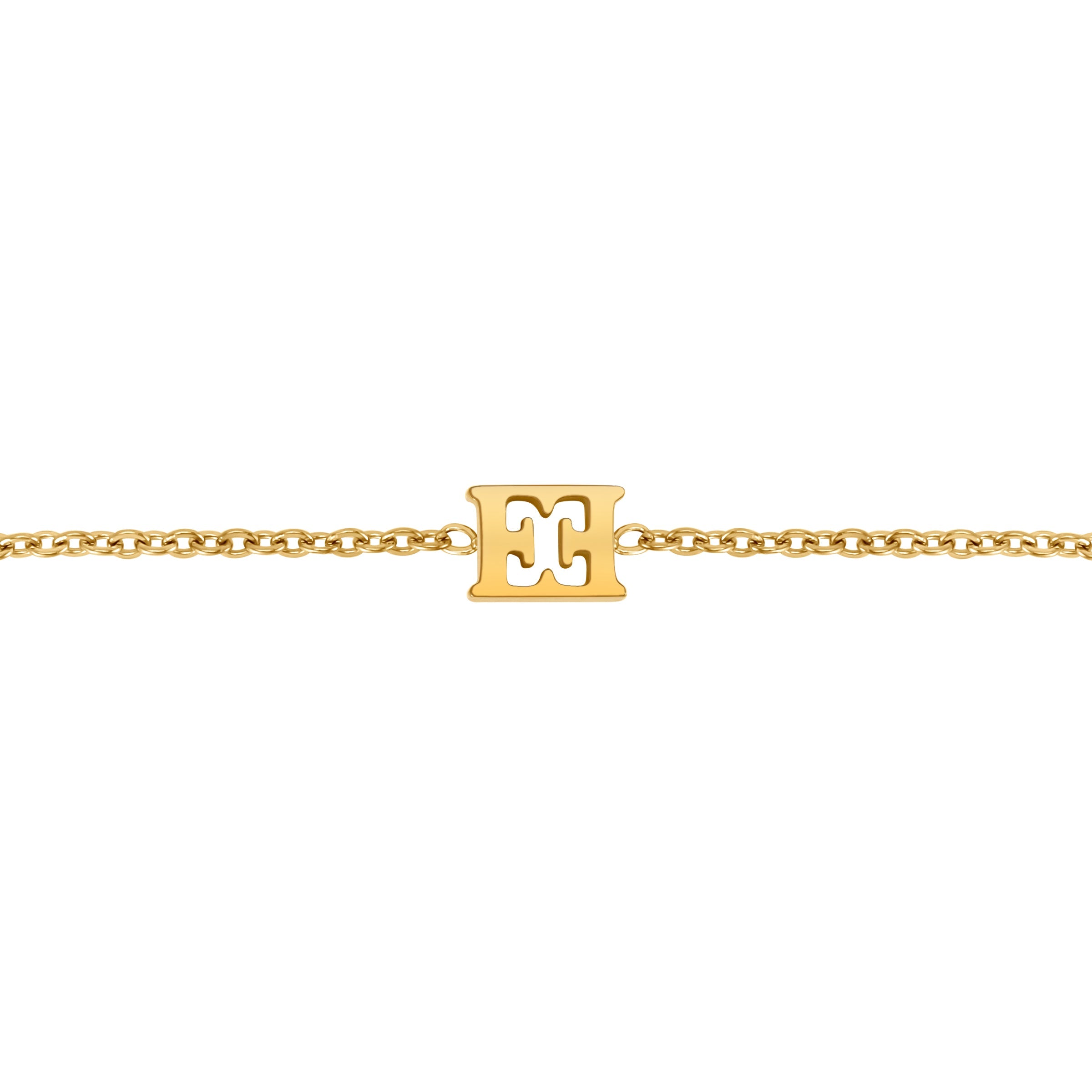 Gold-toned chain bracelet with a rectangular charm featuring a stylized 'EE' cutout design in the center.