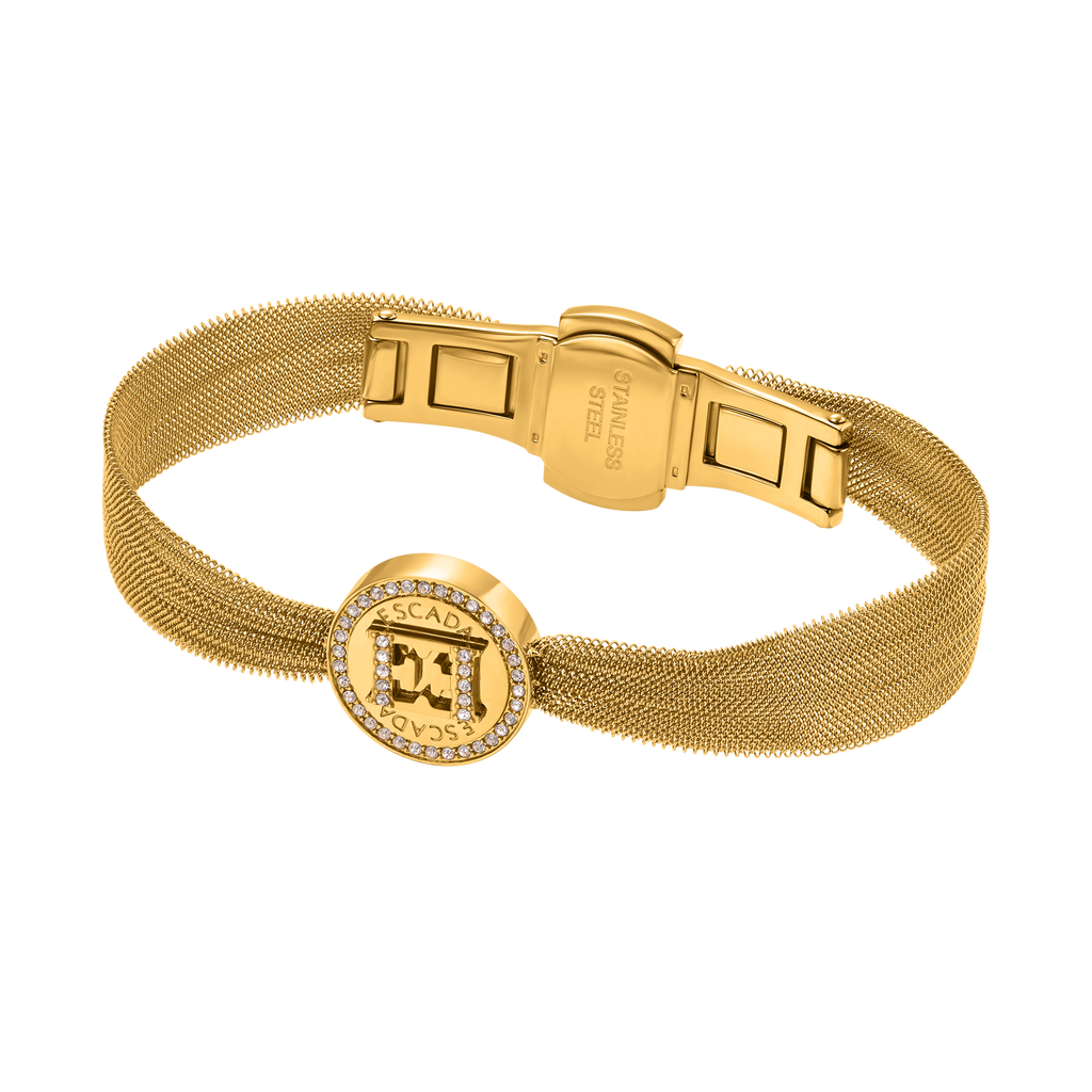 Gold-toned mesh bracelet with a round central charm featuring the ESCADA 'E' logo and clear stone embellishments.