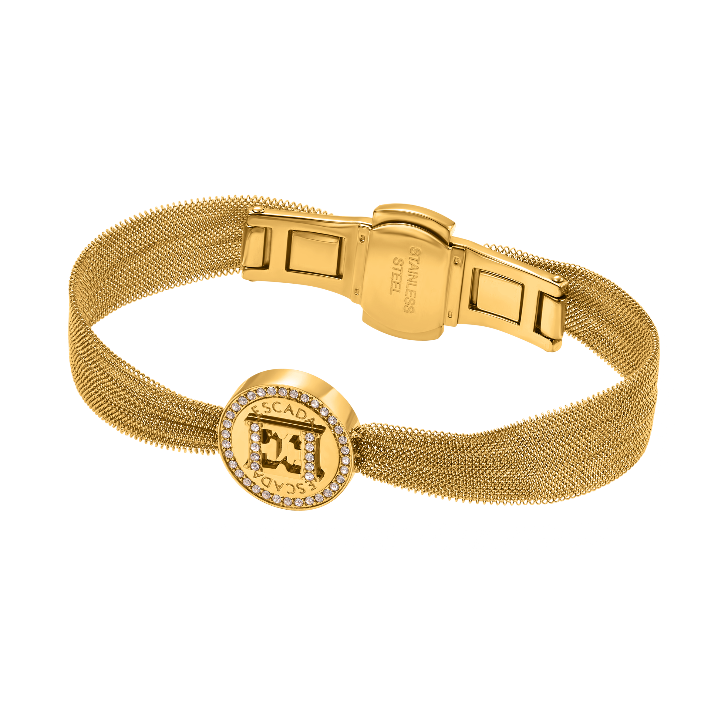 Gold-toned mesh bracelet with a round central charm featuring the ESCADA 'E' logo and clear stone embellishments.