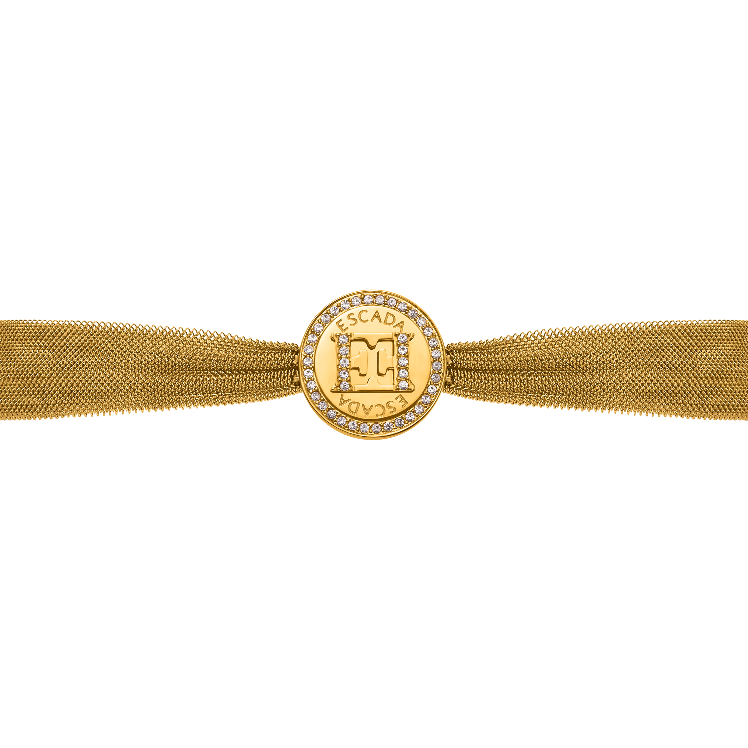 Gold-toned mesh bracelet with a round medallion featuring a crystal-studded "M" logo and "ESCADA" text, framed by crystals.