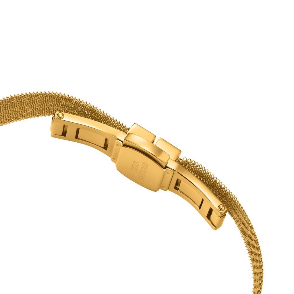 Gold-toned mesh bracelet with a gold-toned fold-over clasp engraved with "STAINLESS STEEL".