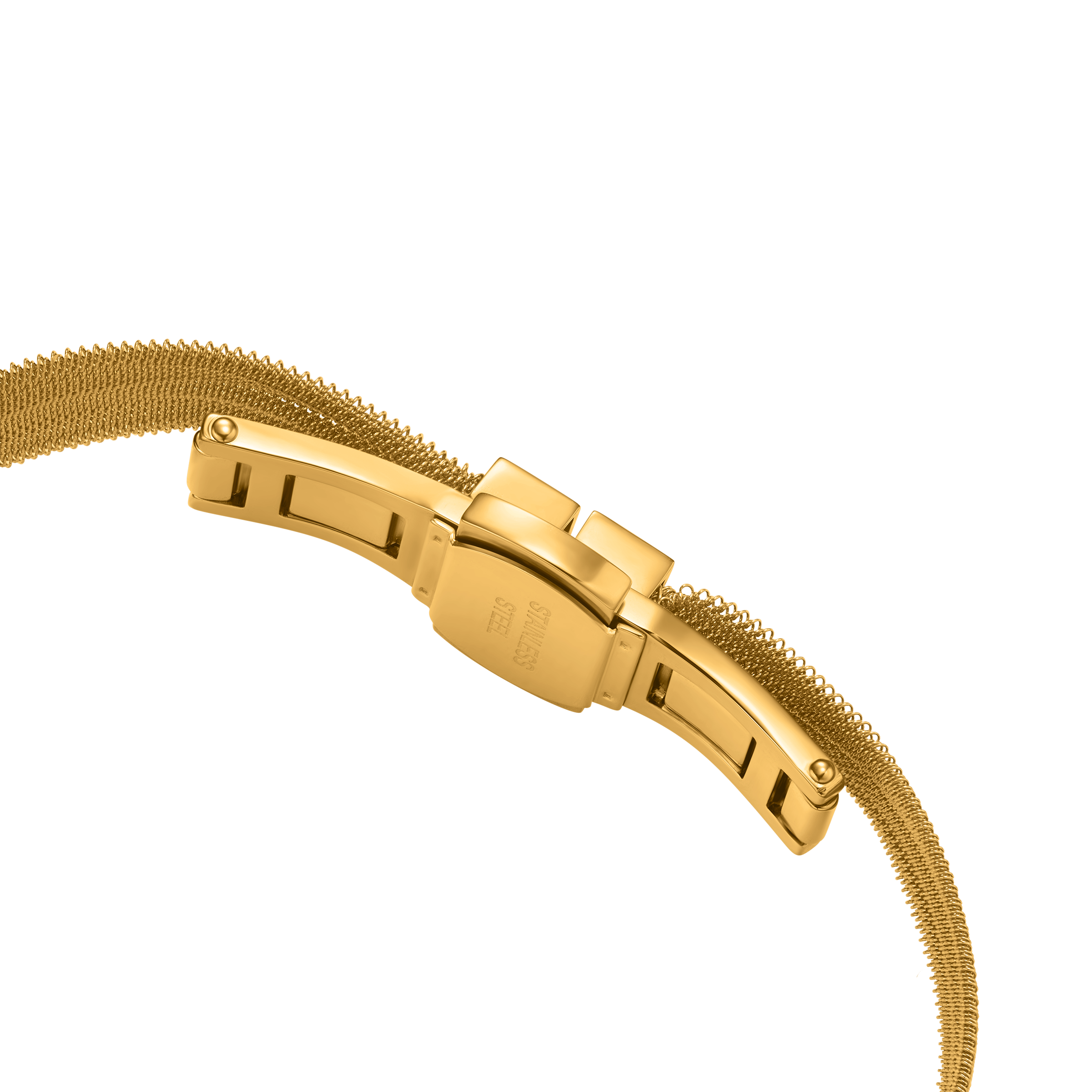 Gold-toned mesh bracelet with a gold-toned fold-over clasp engraved with "STAINLESS STEEL".