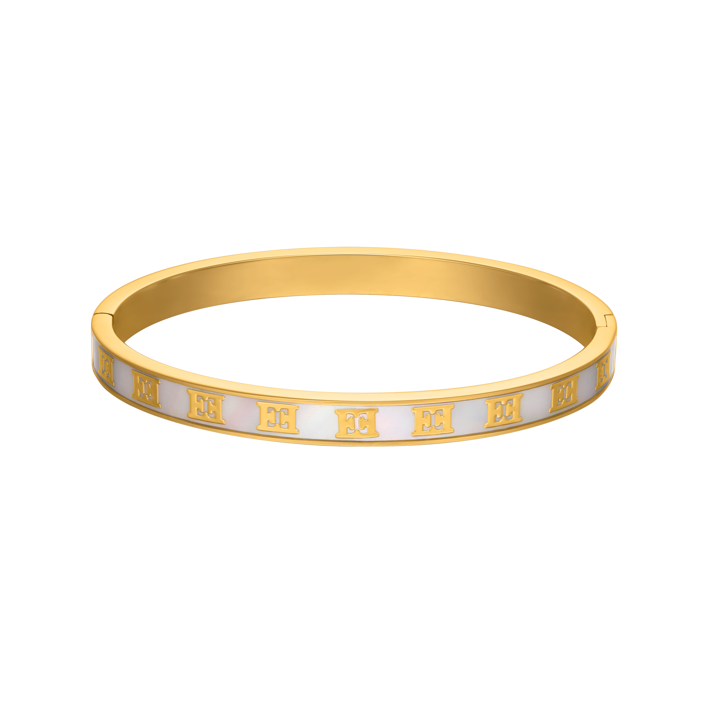 Gold-toned bangle bracelet with white iridescent Mother of Pearl inlay and gold-toned Escada monograms.