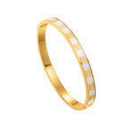 Gold-toned hinged bangle bracelet with a white band featuring repeated gold-toned 'E' logos on the top half.