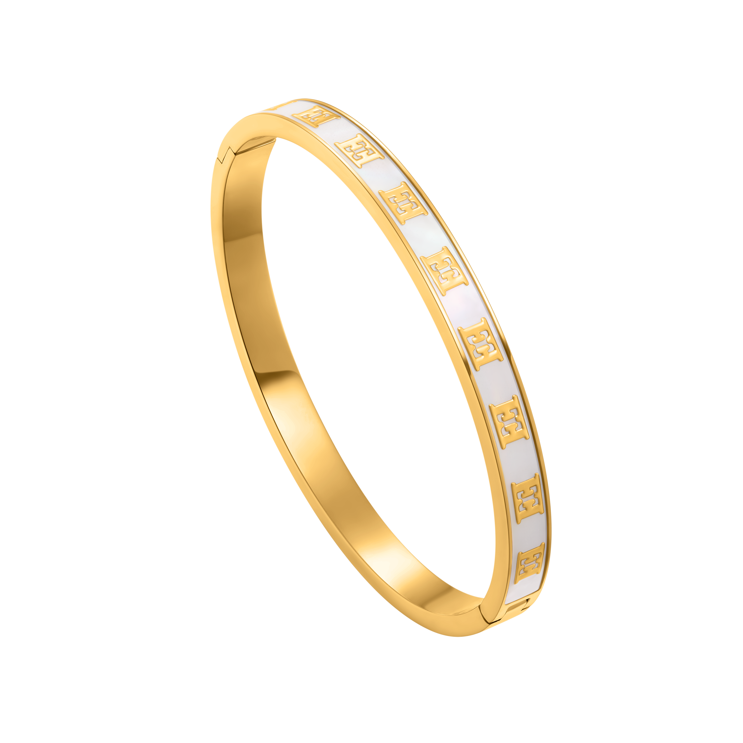Gold-toned hinged bangle bracelet with a white band featuring repeated gold-toned 'E' logos on the top half.