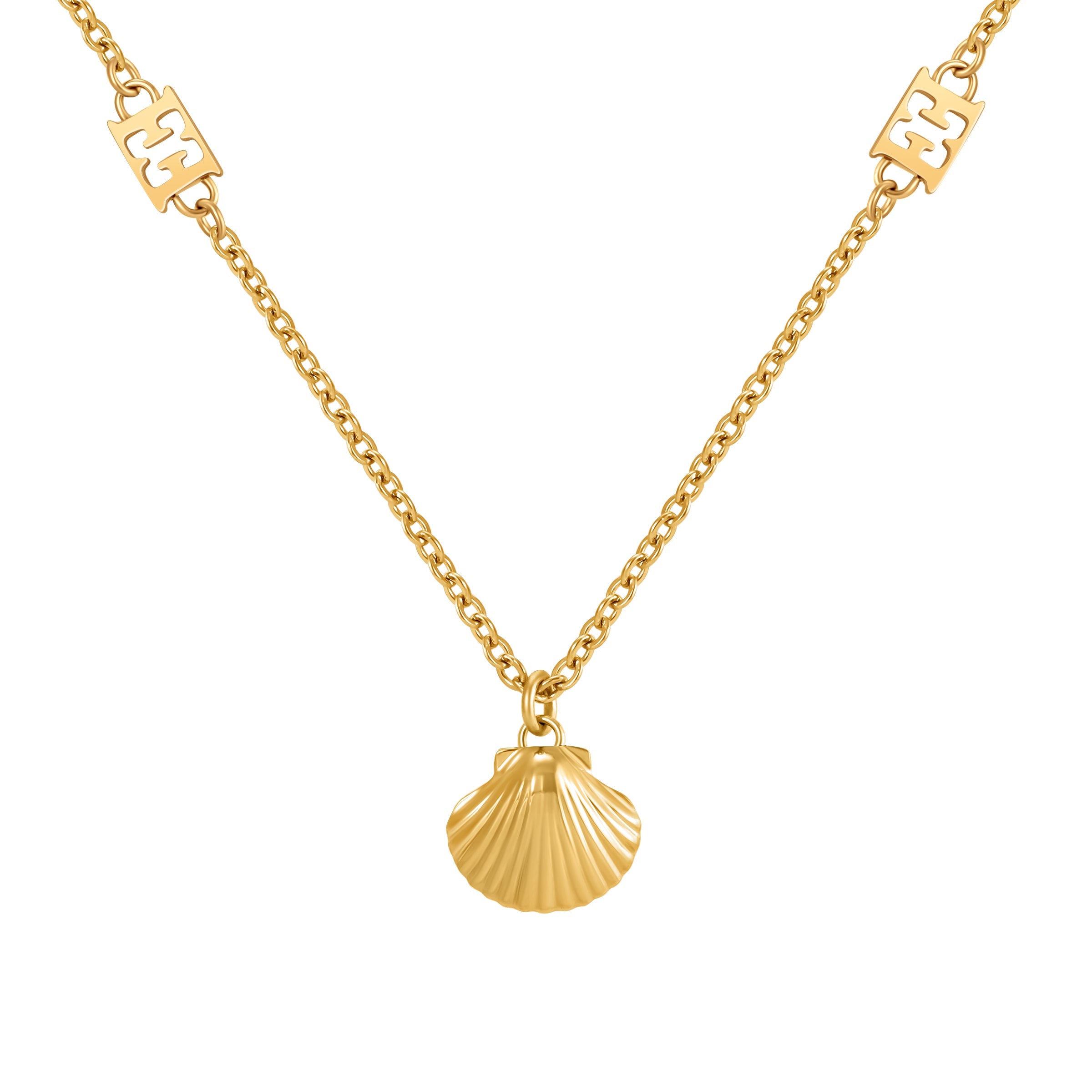 Gold-toned chain necklace with a ribbed scallop shell pendant and two rectangular logo elements integrated into the chain.