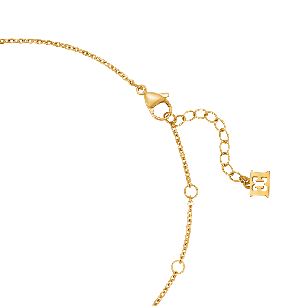 Gold-toned necklace with a lobster clasp, an extender chain, and a small rectangular charm with a stylized double-E logo.