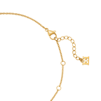 Gold-toned necklace with a lobster clasp, an extender chain, and a small rectangular charm with a stylized double-E logo.
