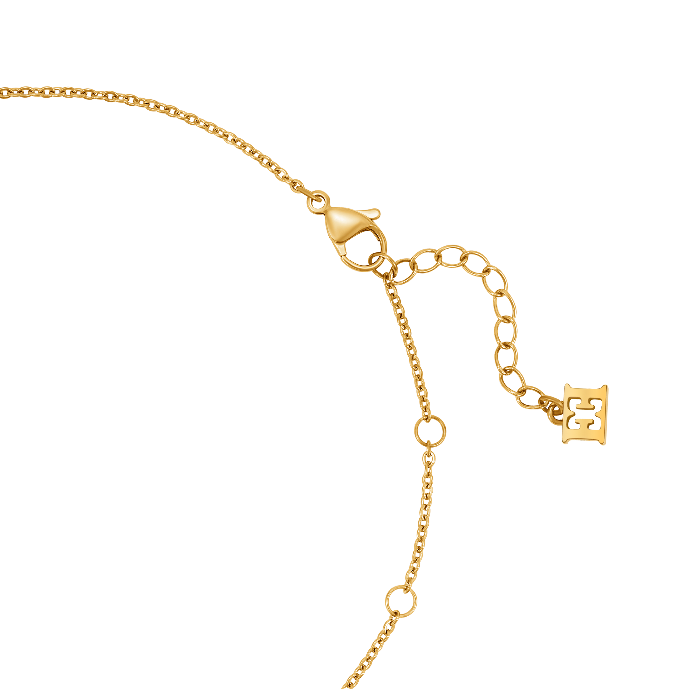 Gold-toned necklace with a lobster clasp, an extender chain, and a small rectangular charm with a stylized double-E logo.