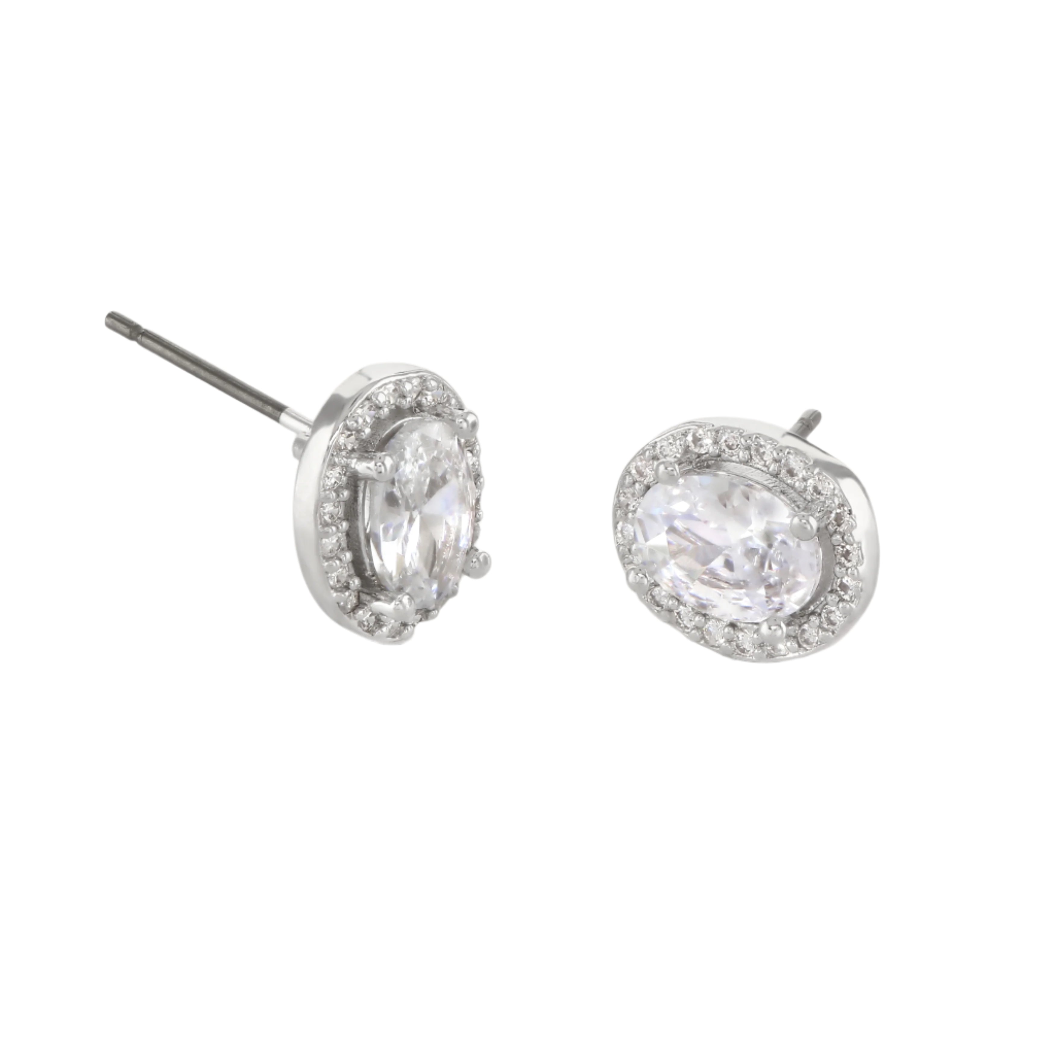 Buckley London Clear Oval Halo Earrings Rhodium