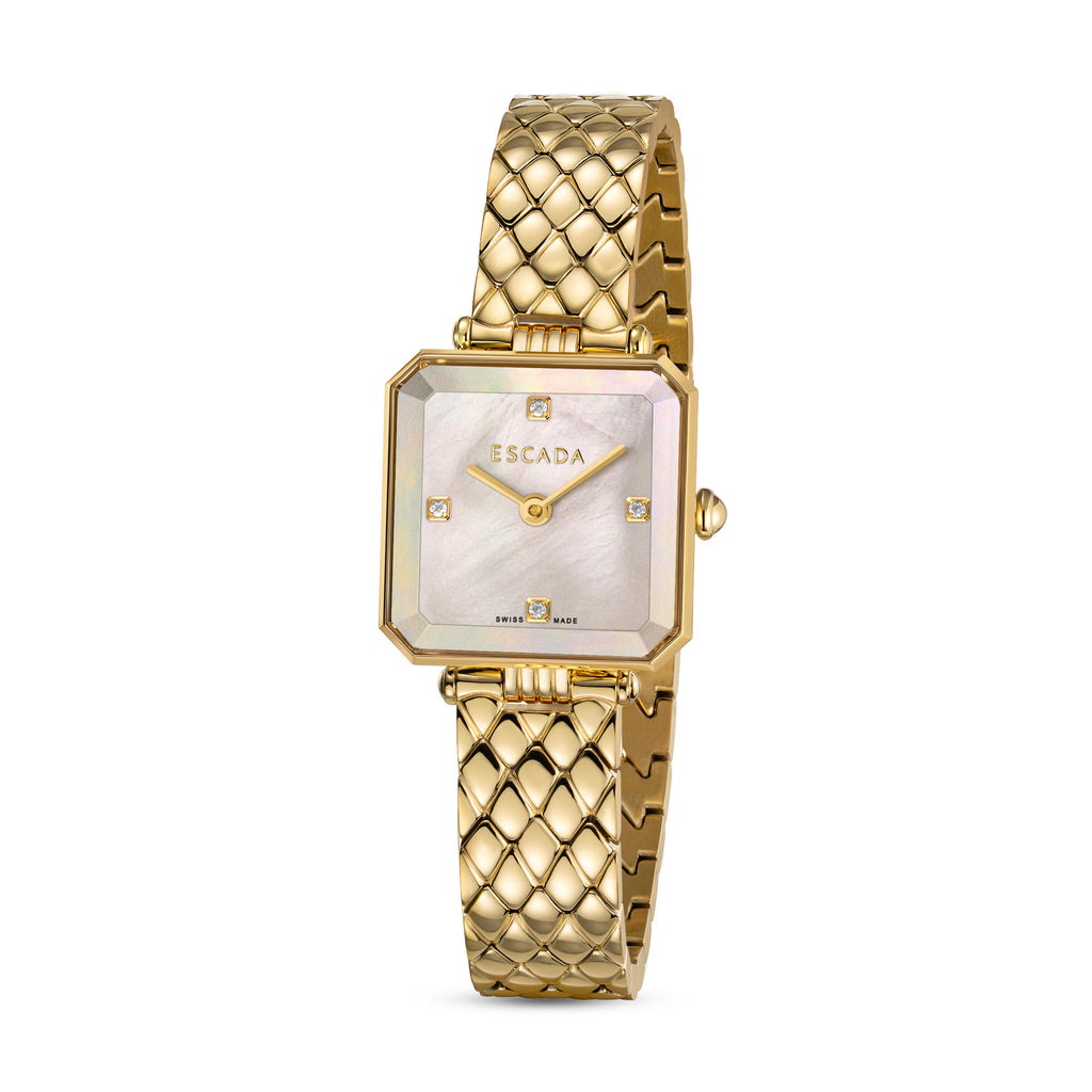 Escada Ava 22mm Women's Swiss Made Gold-Tone Watch with White Mother of Pearl Diamond Dial