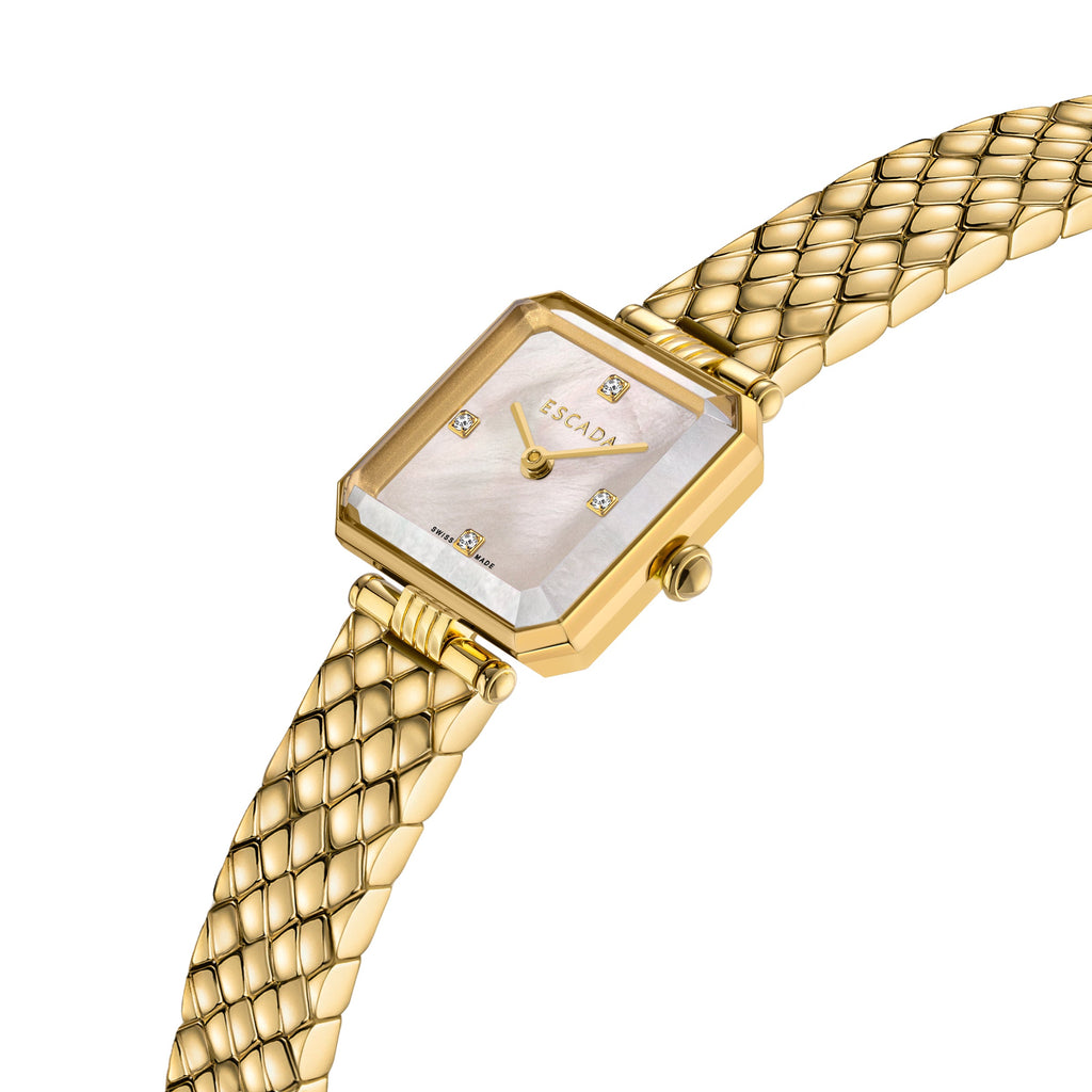 Escada Ava 22mm Women's Swiss Made Gold-Tone Watch with White Mother of Pearl Diamond Dial