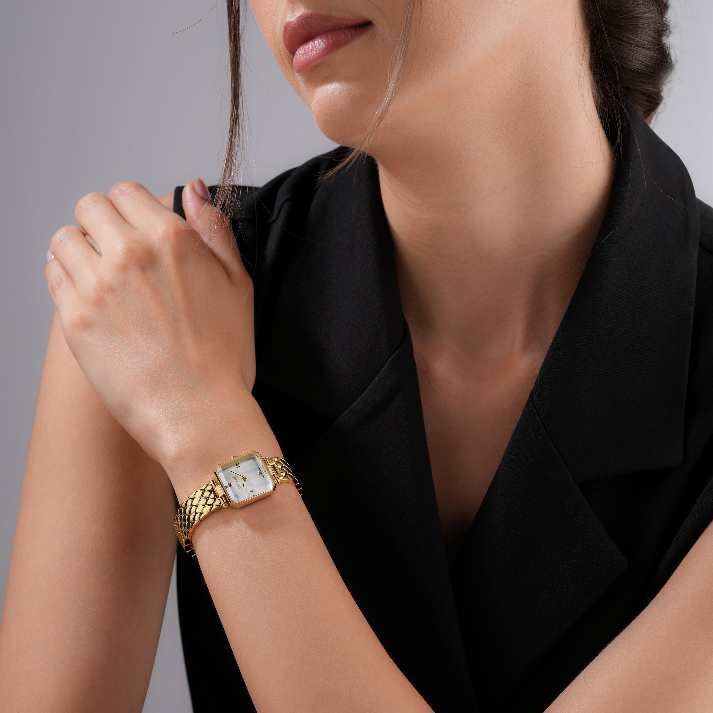 Escada Ava 22mm Women's Swiss Made Gold-Tone Watch with White Mother of Pearl Diamond Dial