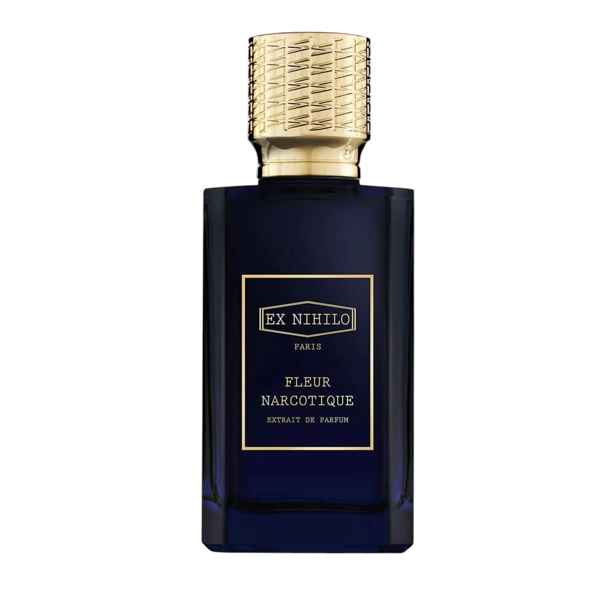 Dark blue rectangular perfume bottle with a gold-toned, textured cap and a gold-bordered label.