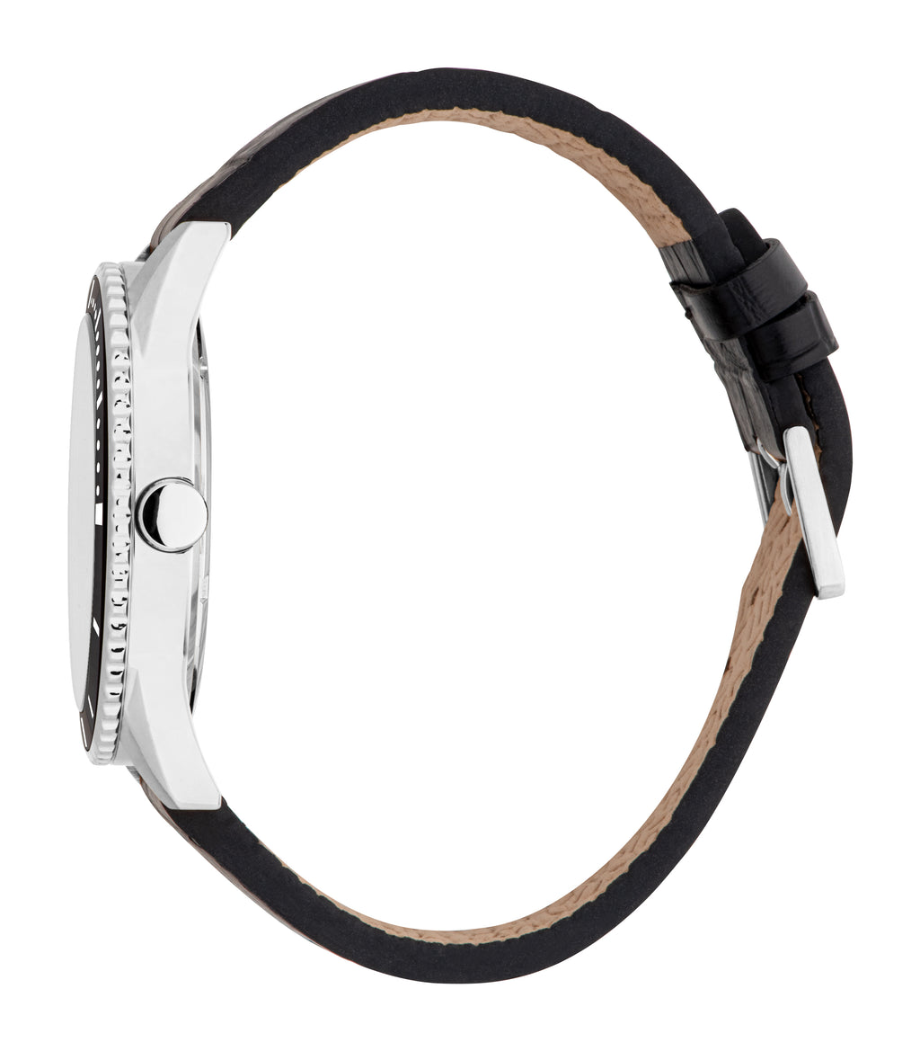 Esprit Men's White Dial Silver-Tone Case & Black Leather Strap Watch