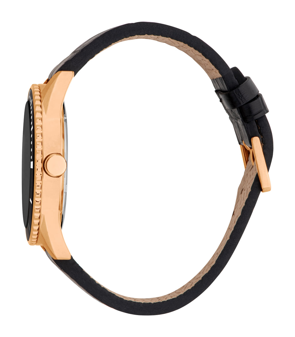 Esprit Men's Black Dial Rose Gold-Tone & Black Leather Starp Watch