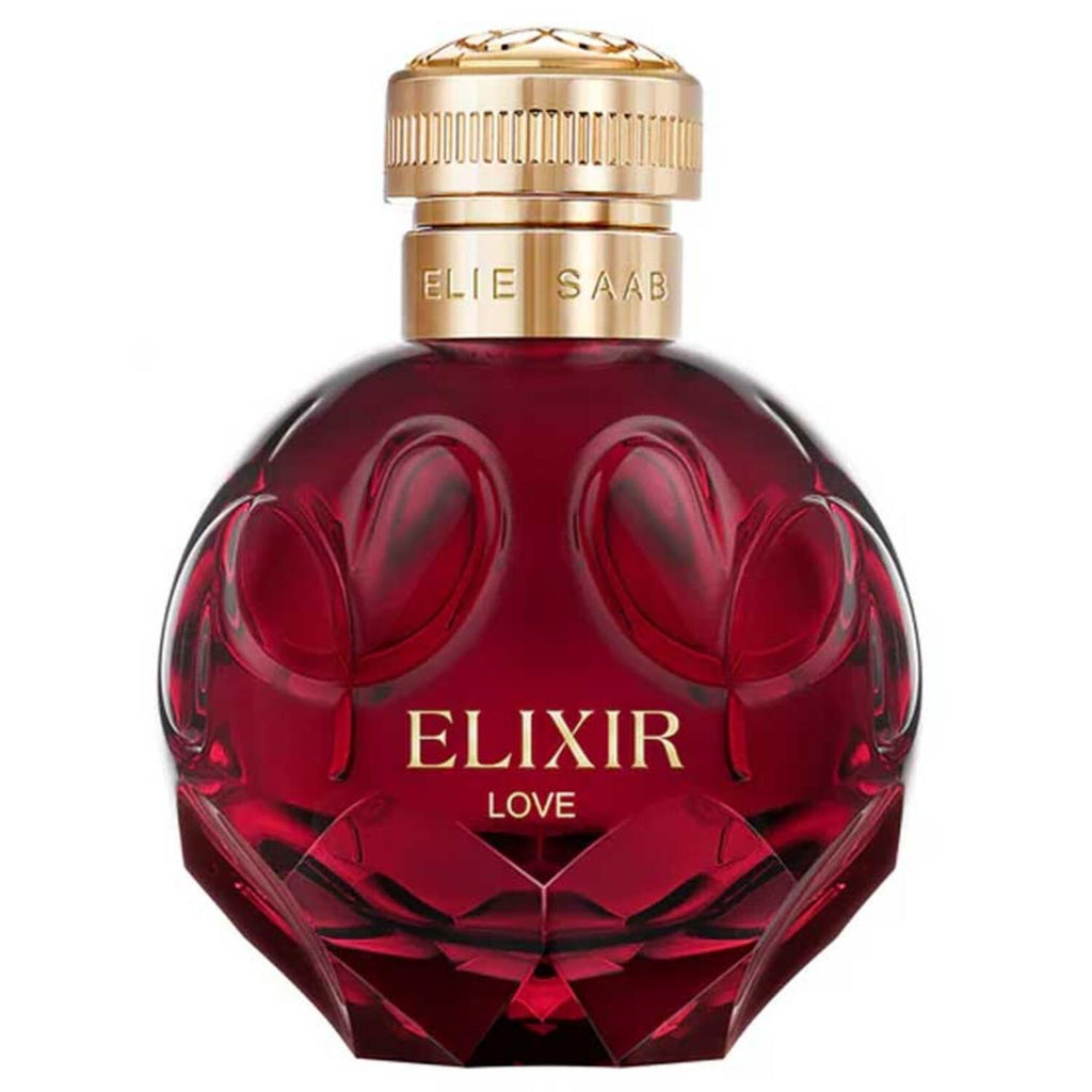 Front view of the Elie Saab Elixir Love Eau de Parfum 100ml bottle against a crisp white background. The bottle is designed as a faceted, round crimson-red sphere featuring embossed heart-like shapes. It is crowned with an ornate, ribbed gold-toned cap and collar elegantly engraved with 'ELIE SAAB' and 'ELIXIR LOVE' printed in gold on the front of the red glass.