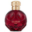 Front view of the Elie Saab Elixir Love Eau de Parfum 100ml bottle against a crisp white background. The bottle is designed as a faceted, round crimson-red sphere featuring embossed heart-like shapes. It is crowned with an ornate, ribbed gold-toned cap and collar elegantly engraved with 'ELIE SAAB' and 'ELIXIR LOVE' printed in gold on the front of the red glass.