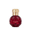 Front view of the Elie Saab Elixir Love 100ml perfume bottle, showcasing its faceted ruby-red spherical glass body, gold monogrammed cap, and the gold lettering.