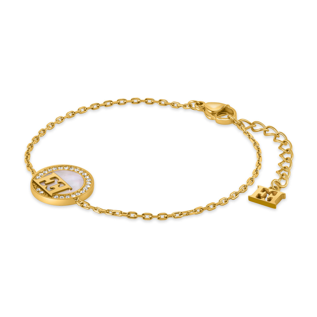 Escada Hannah women's gold-tone bracelet with mother-of-pearl centerpiece, clear crystals and signature logo detail